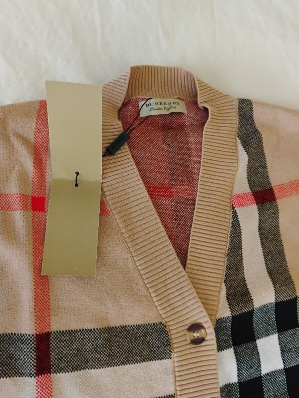 Beige Plaid V-Neck Button Cardigan with Red Accents - Picture 5 of 10